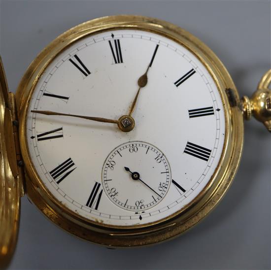 An 18ct gold hunter pocket watch by A R Harris, Goswell Road, case 48mm, gross 129.5 grams.